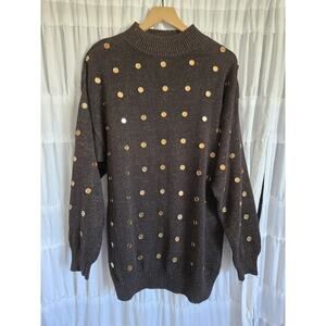 Bonnie Boerer Vintage Womens Sweater Large Black Glitz 1989 Gold Coin Faux Shiny